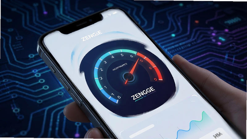 ZENGGE app running on a smartphone, smooth animation, speedometer graphic showing high performance, tech background, clean layout, modern digital art style