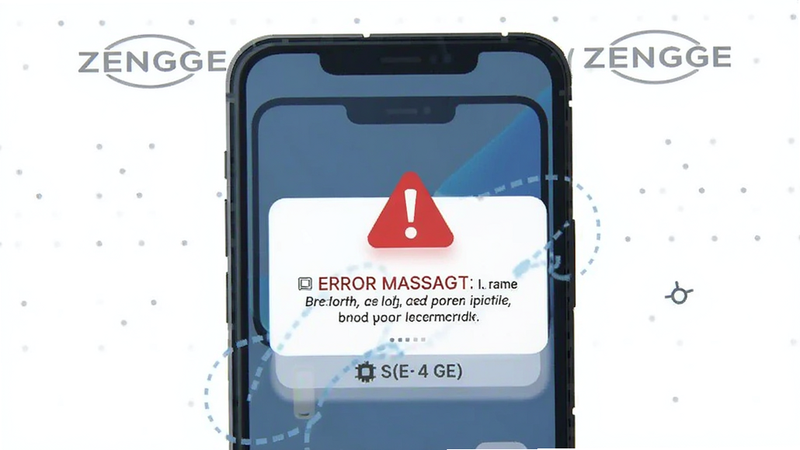ZENGGE troubleshooting guide, smartphone with error message popup, red alert icon, tech support vector illustration, clean background