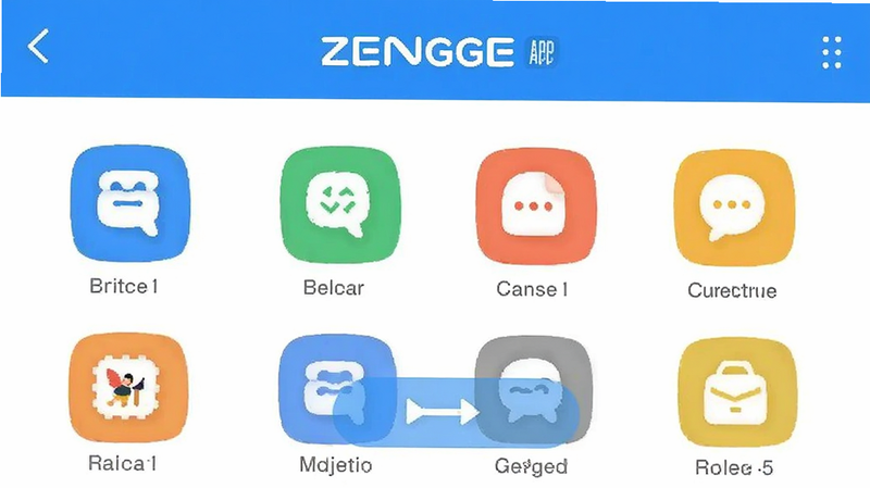 ZENGGE app menu structure, simple icons, easy navigation, user-friendly design, screenshot style, bright colors, clear typography