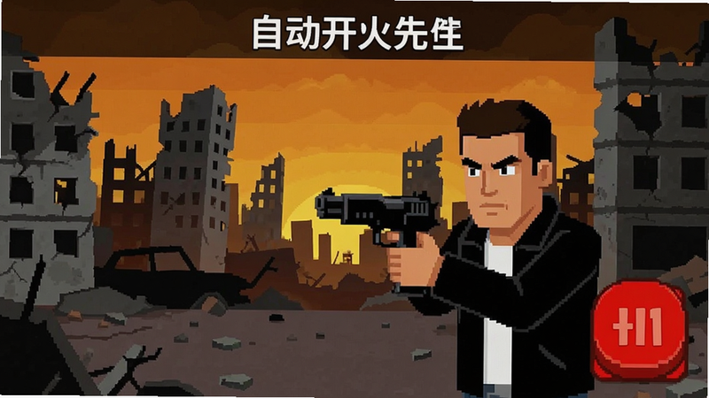 自动开火先生游戏主界面截图,极简风格UI,红色按钮突出,背景为城市废墟场景,清晰展示角色持枪状态,高对比度色彩,扁平化设计