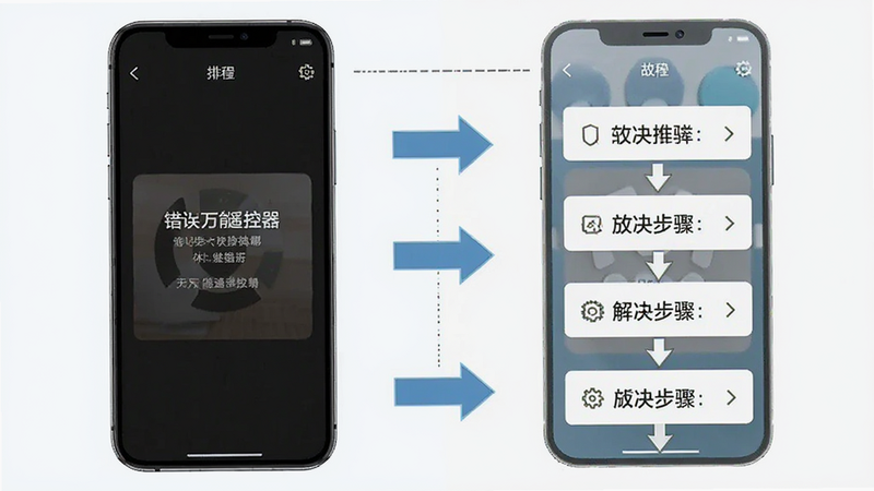 空调万能遥控器 故障排查示意图 主体为手机屏幕显示错误提示与解决步骤 布局左右对比 排版清晰 风格教程类 细节包含箭头指引 画质干净