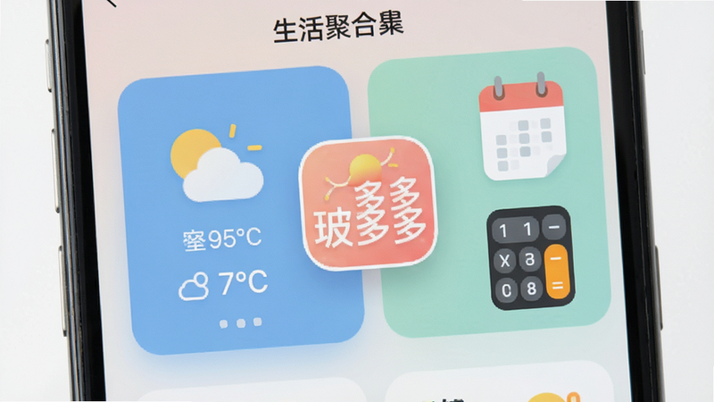 手机屏幕展示“玻多多”的生活聚合界面,左侧显示天气图标和温度,右侧是日历和计算器图标,界面设计扁平化,色彩柔和,突出“玻多多”Logo,细节清晰,画质干净
