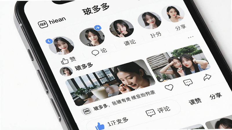 手机屏幕显示“玻多多”社交动态页面,展示用户发布的图片和文字,界面包含点赞、评论、分享按钮,头像排列整齐,背景为纯白,突出“玻多多”品牌标识,风格清新,画质细腻