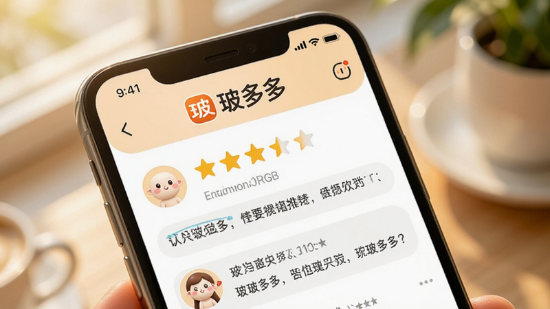 手机屏幕展示“玻多多”的用户评价页面,显示高分评分和正面评论,界面设计温馨,突出“玻多多”Logo,细节丰富,画质高清