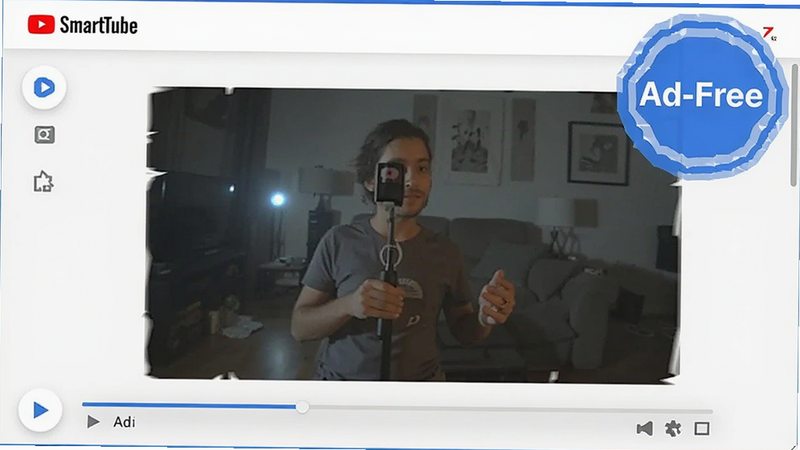 SmartTube user interface screenshot, highlighting the 'Ad-Free' badge in the top right corner, a clean video player without any banner ads, modern UI design, blue and white color scheme