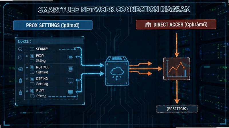 SmartTube network connection diagram showing proxy settings and direct access comparison, technical style
