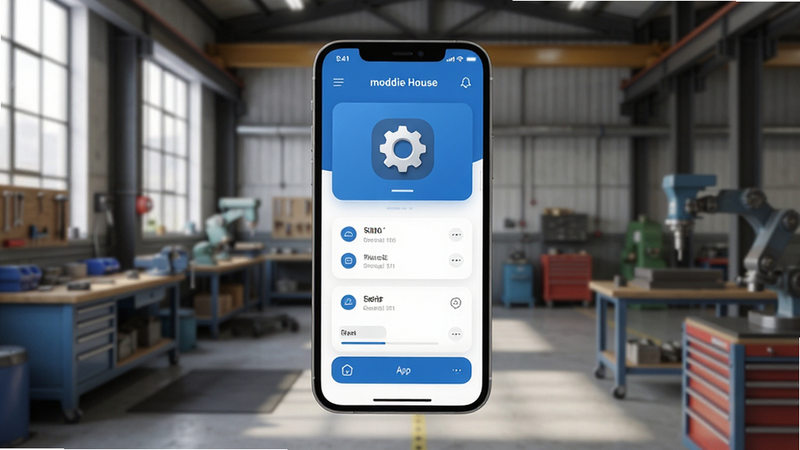 moddie house app interface, industrial workshop background, clean modern UI style, blue and white color scheme, realistic 3D render, high quality, no text