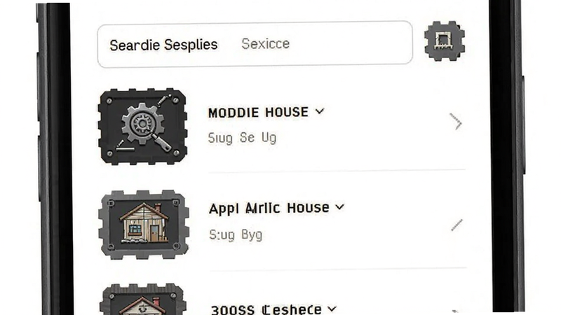 moddie house app search results page, list of suppliers with icons, clean layout, industrial style icons, white background, high detail, no text