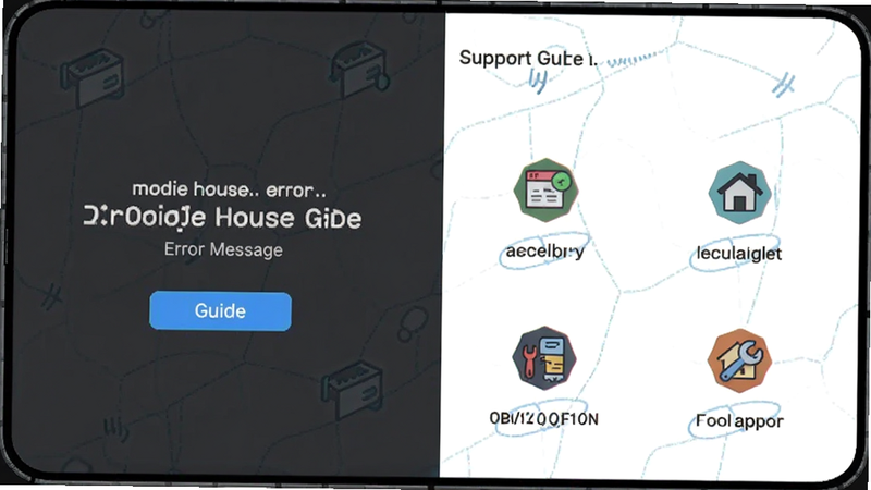 moddie house app error message screen, troubleshooting guide layout, simple icons, tech support style, clean background, no text