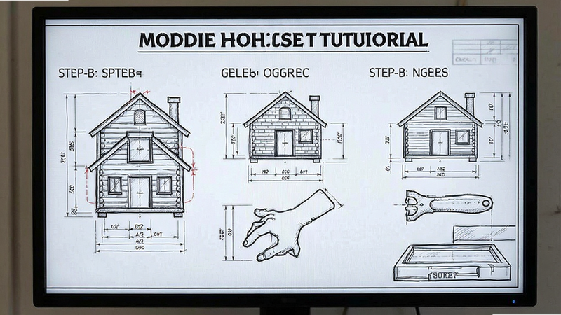 moddie house tutorial screen, step-by-step process illustration, technical diagrams style, clear lines, professional engineering aesthetic, no text