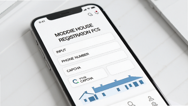 moddie house registration form UI, input fields for phone number and captcha, clean mobile app design, white background, realistic rendering, no text
