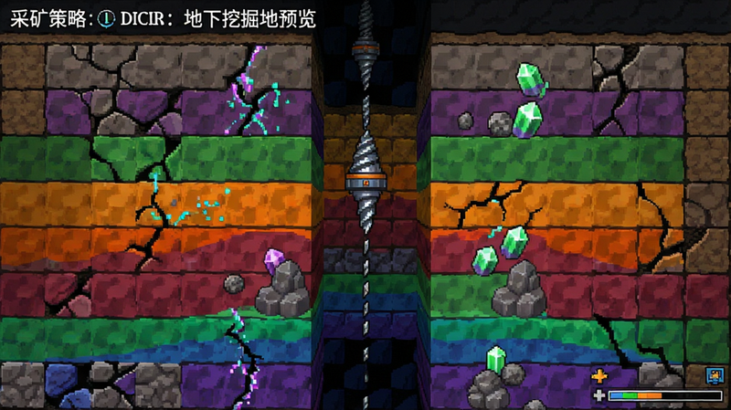 Deep Corp:采矿策略 地下挖掘地图预览,风格为像素风与3D结合,主体是网格状的地底世界,显示不同深度的地层颜色差异,钻头正在穿过岩层,布局呈纵向延伸,排版直观,细节包括岩石裂纹、矿脉发光效果,画质高清干净无多余元素