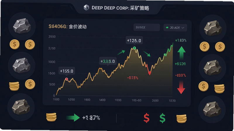Deep Corp:采矿策略 经济图表展示界面,风格为现代UI设计,主体是屏幕中央的动态折线图显示金价波动,周围环绕着各种矿石图标和金钱符号,布局对称,排版严谨,细节包括数字变化动画和绿色红色箭头指示涨跌,画质清晰干净无多余元素