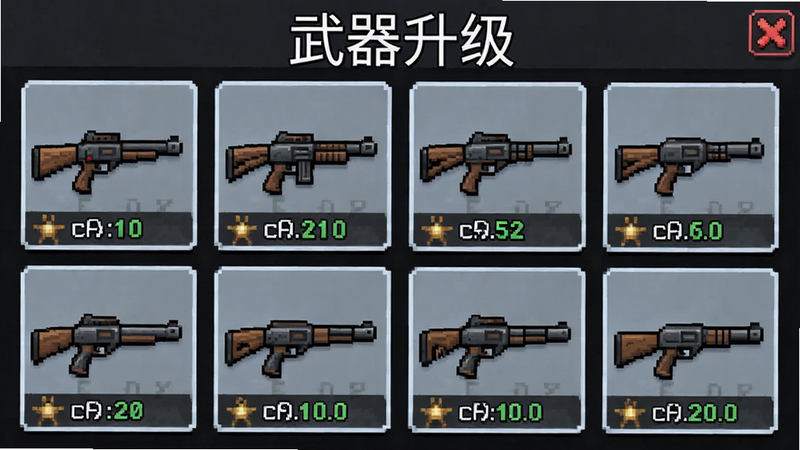 像素危城武器升级界面,展示多种枪械图标,像素风格,文字显示