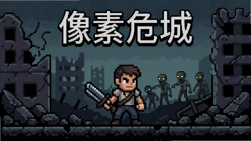 像素危城游戏画面,复古像素风格,主角手持武器站在废墟背景中,色调阴暗但细节丰富,清晰画质,无多余元素,文字显示