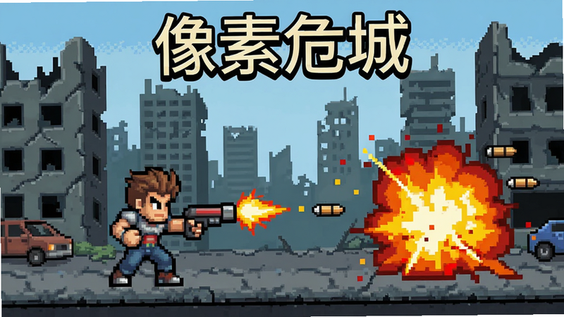 像素危城战斗场景,主角发射子弹,像素化爆炸效果,背景为废弃城市,风格复古,细节清晰,文字显示