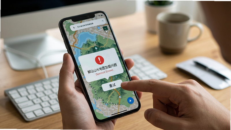 主体:用户正在解决山水地图加载问题,布局:手机屏幕显示错误提示框,背景为桌面环境,排版:问题解决场景,风格:日常使用场景,细节:手指点击“重试”按钮,红色感叹号图标,画质:真实感渲染,无多余元素