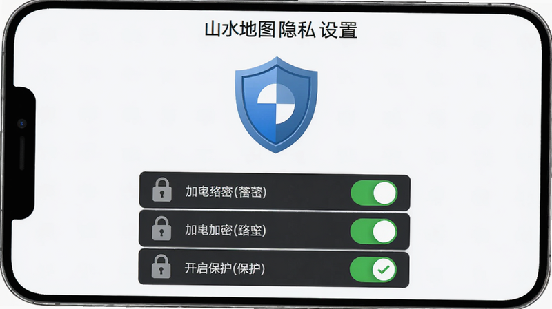 主体:山水地图隐私设置界面,布局:盾牌图标居中,下方列出权限开关,排版:对称结构,风格:安全防护视觉传达,细节:灰色锁形图标代表加密状态,绿色勾选表示开启保护,画质:纯净背景,无干扰元素