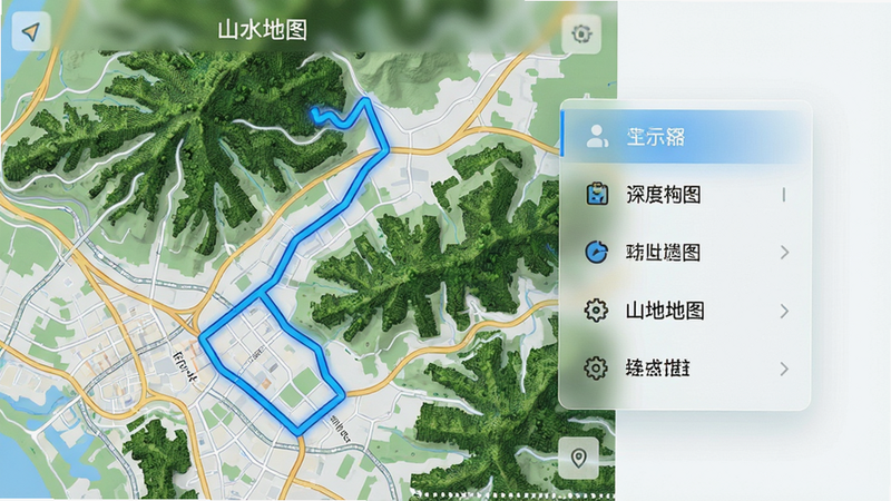 主体:山水地图APP界面展示,布局:左侧显示详细地图路径,右侧悬浮半透明功能菜单,排版:现代扁平化UI设计,风格:科技感与自然融合,细节:清晰的高分辨率道路网格,绿色植被纹理覆盖区域,蓝色路线高亮,画质:4K超高清,干净背景,无多余元素