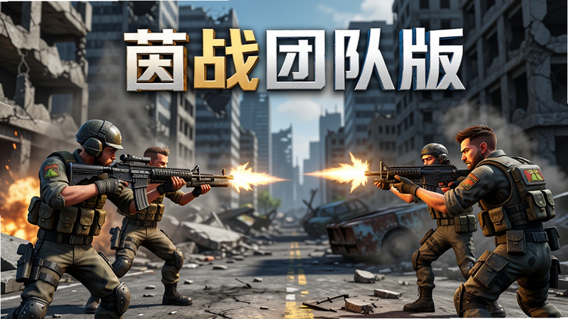 茵战团队版宣传图,画面展示两个小队正在激烈交火,背景为现代都市废墟,风格写实3D游戏渲染,色彩鲜明,细节清晰,无多余元素,高清画质