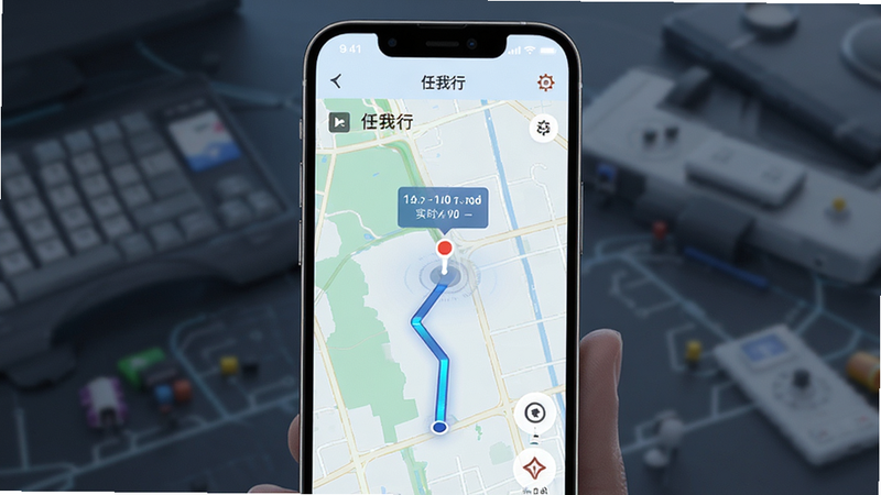“任我行”APP界面中的地图定位功能演示,主体为智能手机屏幕显示地图坐标点,布局简洁直观,排版采用左右分栏结构,风格科技感强,细节包括实时移动轨迹线条,画质清晰明亮无模糊