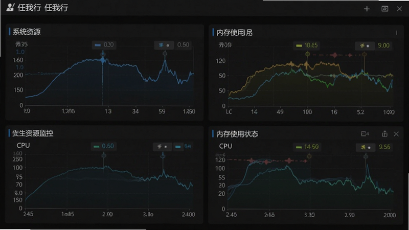 “任我行”后台运行状态示意图,主体为系统资源监控面板,布局呈现CPU与内存使用曲线,排版规整,风格专业严谨,细节标注低占用数值,画质纯净无杂乱背景