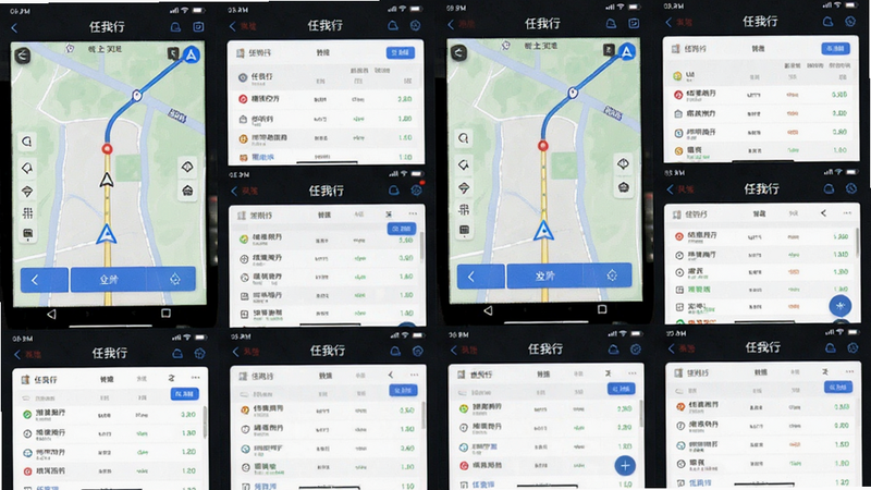 “任我行”在不同场景下的应用截图拼贴,主体为导航界面与数据列表视图,布局采用网格排列,排版整齐对称,风格现代商务感,细节包含清晰的UI按钮和文字标签,画质锐利无失真