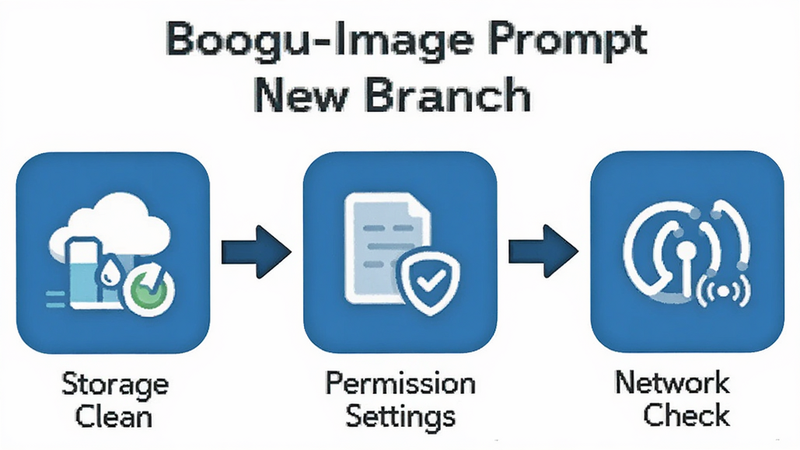 Boogu-Image prompt: A troubleshooting guide illustration for 'New Branch' app. Icons representing 'Storage Clean', 'Permission Settings', and 'Network Check'. Style: infographic style, clear icons, white background, simple arrows, professional tech support aesthetic, 4k, no text clutter.