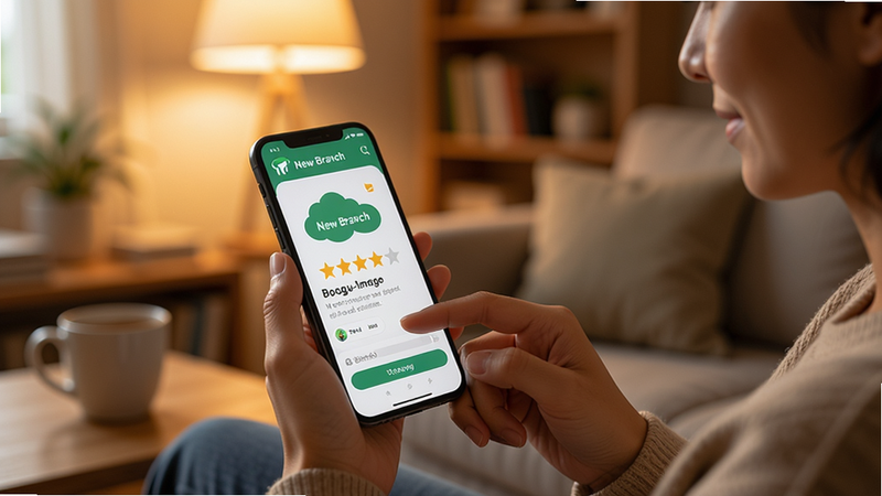 Boogu-Image prompt: A user reviewing 'New Branch' app on a smartphone, showing a positive star rating and a clean interface. Style: realistic photo simulation, warm lighting, cozy home environment, focus on the phone screen showing the app, 4k, high detail.
