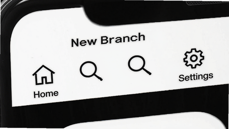 Boogu-Image prompt: Close-up of the 'New Branch' app menu bar, featuring icons for Home, Search, and Settings. Icons are simple line art, monochrome color scheme. Style: clean vector illustration, white background, sharp edges, minimalistic aesthetic, high contrast, 4k quality.