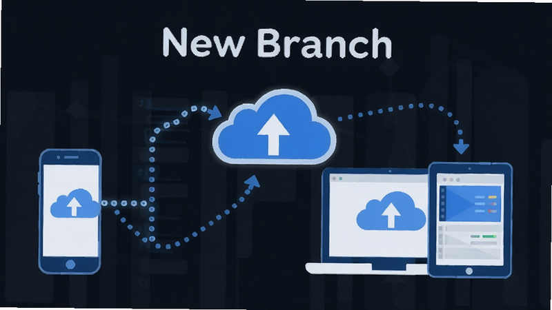 Boogu-Image prompt: Conceptual image of cloud syncing for 'New Branch' app. An Android phone icon connecting via dotted lines to a laptop and tablet icons. Cloud symbol in center. Style: tech illustration, blue and white color palette, clean lines, modern flat design, 4k, no extra elements.