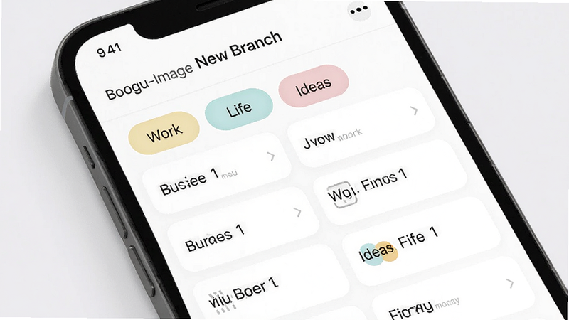 Boogu-Image prompt: A screenshot of 'New Branch' app showing a categorized list view. Tags like
