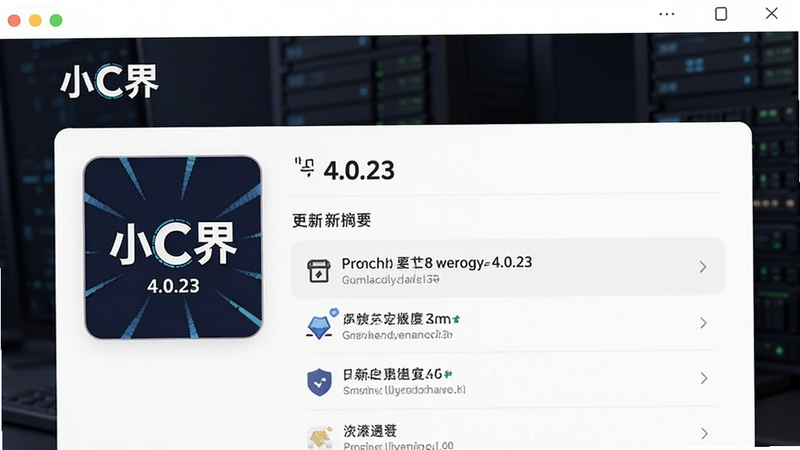 “小C界”版本更新界面示意图,显示版本号4.0.23及更新日志摘要,界面简洁,突出版本迭代信息,高清渲染,无杂乱背景