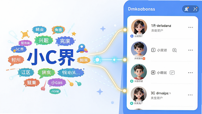 “小C界”智能匹配界面示意图,左侧显示用户兴趣标签云,右侧显示匹配成功的用户头像列表,中间有连接光线象征匹配成功,色彩明亮活泼,UI设计简洁直观,高清渲染,无多余装饰