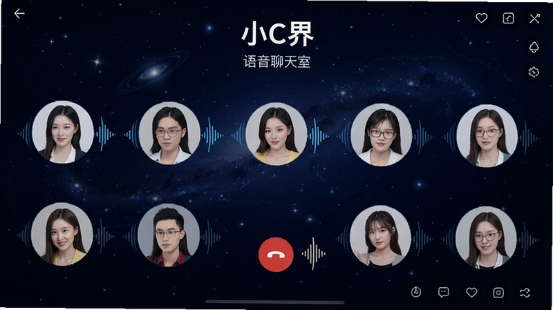 “小C界”语音聊天室界面,显示多个用户头像处于通话状态,带有声波动画效果,背景为深蓝色星空主题,突出沉浸式体验,界面元素清晰,高清画质,无杂乱元素