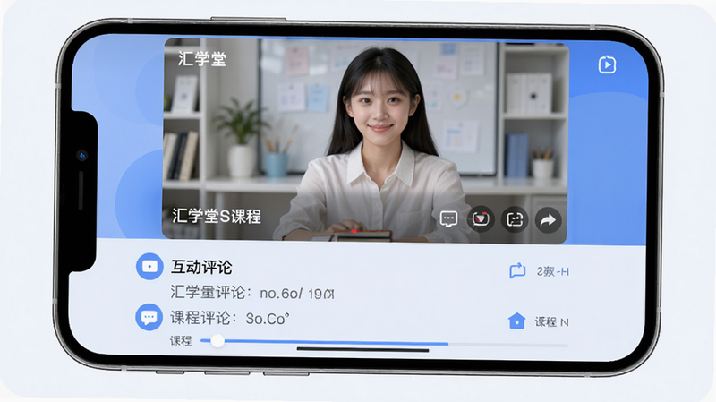 主体为汇学堂SaaS手机应用界面,布局采用上下分屏结构,上方展示高清直播课程画面,下方为互动评论区与课程进度条,排版整齐,风格为现代简约科技风,细节包含清晰的图标与柔和的蓝色调背景,画质高清,干净,无多余元素