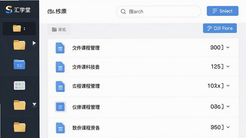 主体为汇学堂SaaS课程管理界面,布局为列表式展示,左侧为文件类型图标,右侧为文件名称与大小,排版清晰有序,风格为扁平化设计,细节包含搜索栏与筛选按钮,画质明亮,干净,无多余元素