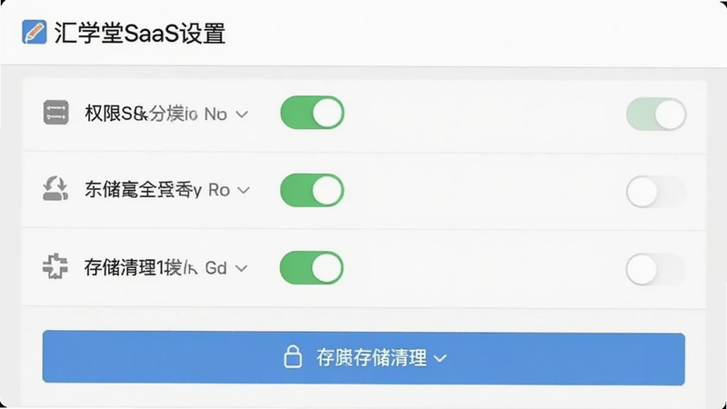 主体为汇学堂SaaS设置界面,布局为垂直列表,显示权限开关与存储清理按钮,排版简洁,风格为系统原生风,细节包含开关状态指示与图标,画质清晰,干净,无多余元素