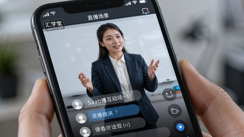主体为汇学堂SaaS直播互动场景,布局为手机屏幕特写,显示一位讲师正在讲课,底部有滚动的用户评论气泡,排版聚焦于屏幕中心,风格为写实科技风,细节包括信号强度图标与高清画质标识,画质清晰,干净,无多余元素