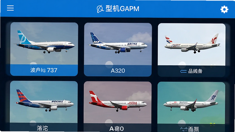 ���е�����APP�ڻ���ѡ��ҳ�棬չʾ����737���տ�A320�ȷɻ�����ͼ���б�������ɫ������