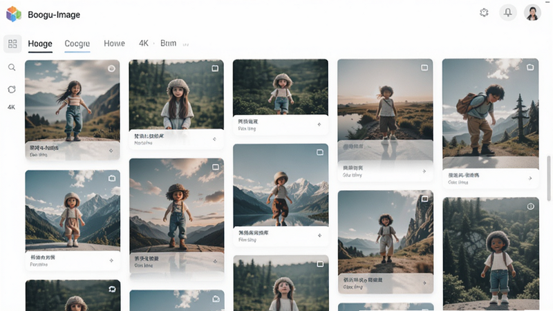 Boogu-Image, 梵想云媒体库界面, 瀑布式照片墙, 分类清晰, 极简 UI 设计, 柔和色彩, 4k 分辨率