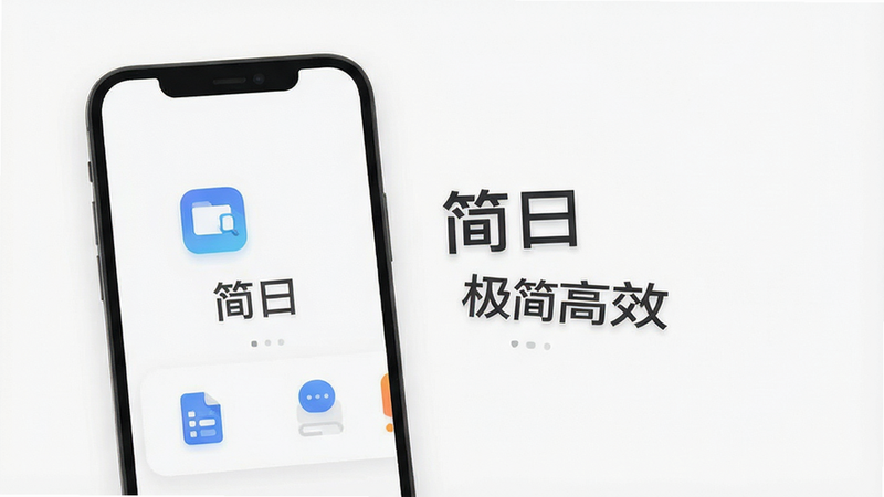 简曰应用界面预览图,极简风格UI设计,白色背景,清晰图标,现代扁平化设计,文字显示