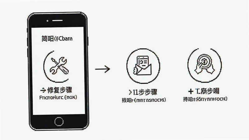 简曰应用 troubleshooting 示意图,手机屏幕显示修复步骤图标,简洁线条风格