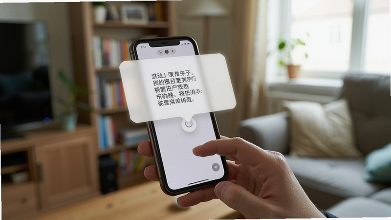 用户手持智能手机使用悬浮提示器,屏幕显示清晰的提词文本,背景为室内环境,风格生活化摄影,细节包括手指操作动作