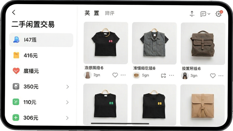 “二手闲置交易”APP的分类界面截图,主体为侧边栏分类菜单与右侧商品网格,布局左右分栏,排版清晰,风格极简,细节显示不同类别的图标,画质清晰无干扰