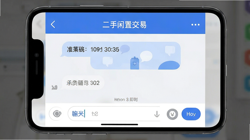 “二手闲置交易”APP的聊天界面,主体为对话气泡与输入框,布局上下结构,排版紧凑,风格现代,细节显示时间戳和发送按钮,画质清晰无噪点