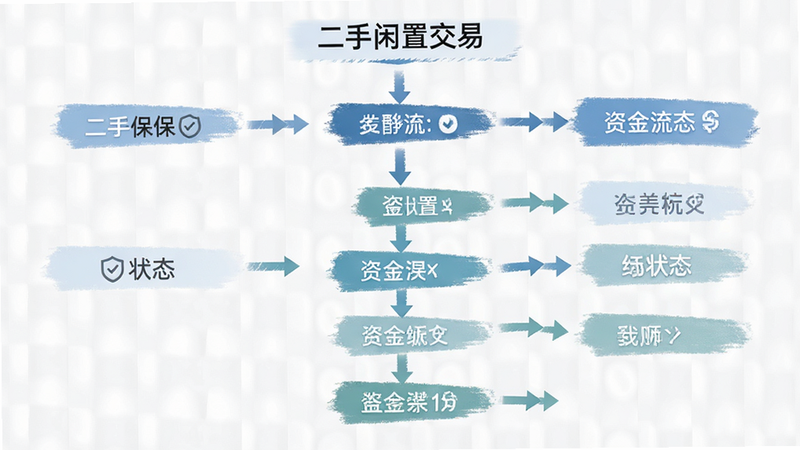 “二手闲置交易”APP的安全交易流程图,主体为资金流向示意,布局垂直流程,排版逻辑严密,风格商务简约,细节包含担保图标和状态箭头,画质干净无冗余