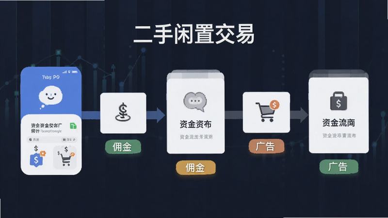 “二手闲置交易”APP的盈利模式示意图,主体为资金流向图表,布局横向流程,排版简约,风格商务,细节包含佣金与广告标签,画质干净无杂乱