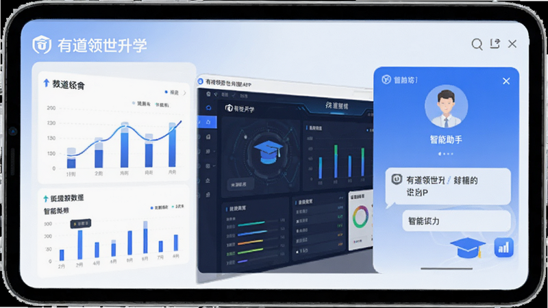 展示有道领世升学APP界面,包含图表、数据仪表盘和智能助手对话窗口,风格简洁现代,蓝色调为主,体现科技感与教育专业性,文字显示