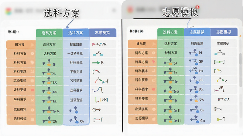 展示选科对比表格和志愿模拟界面,包含不同专业对应的选科要求,UI布局清晰,数据可视化,文字标注